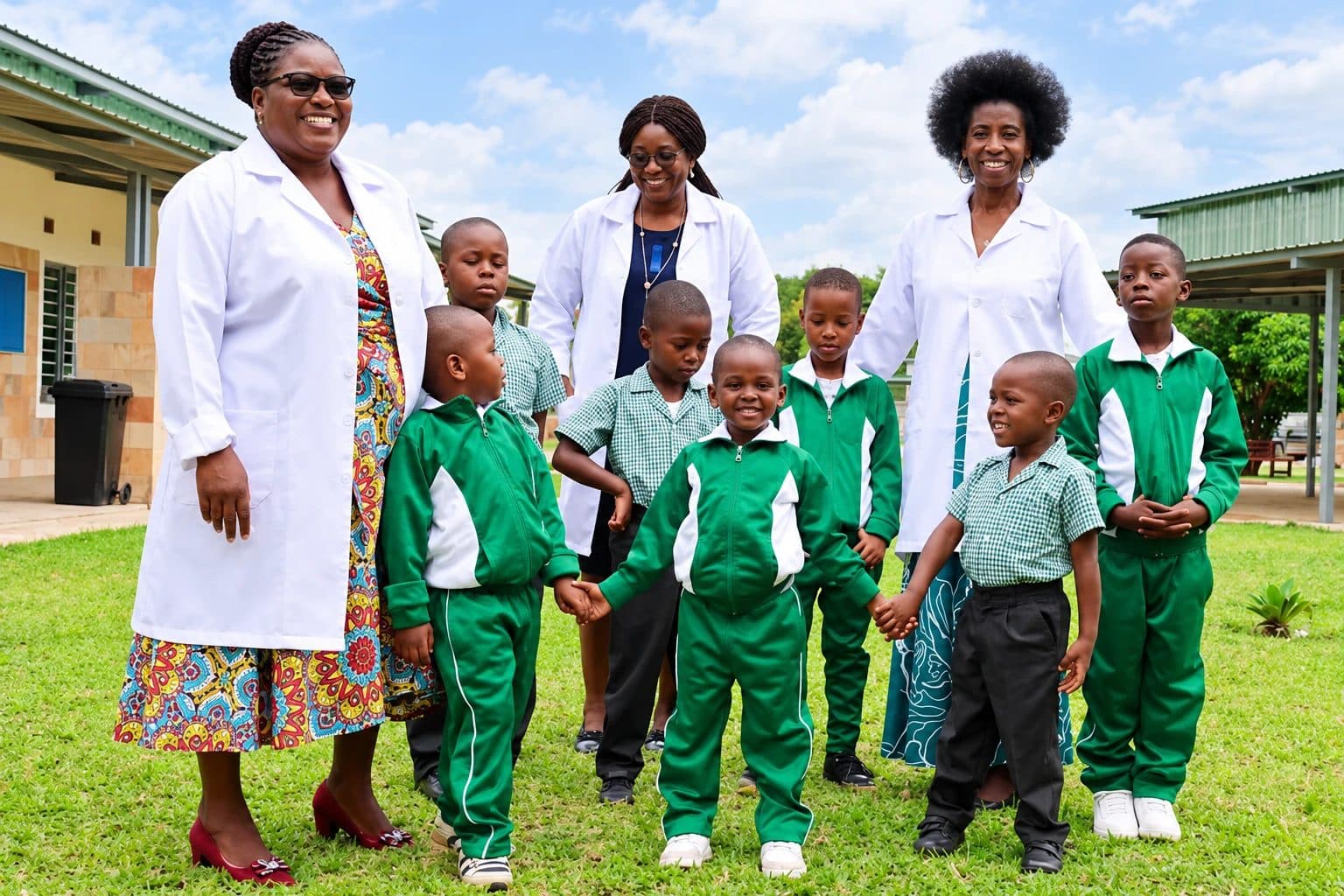 Three teachers in white coats with young pupils in green tracksuits and checked shirts on the school lawn
