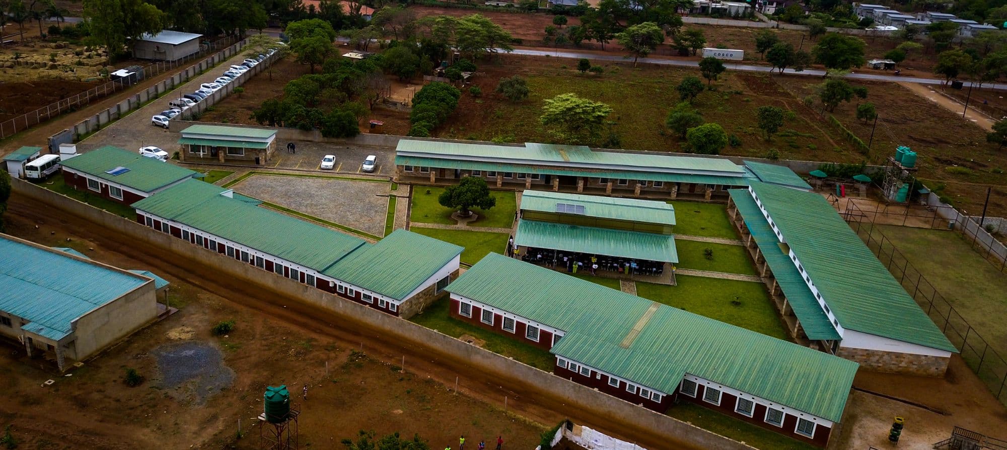 Aerial view of the classroom blocks around the landscaped courtyard