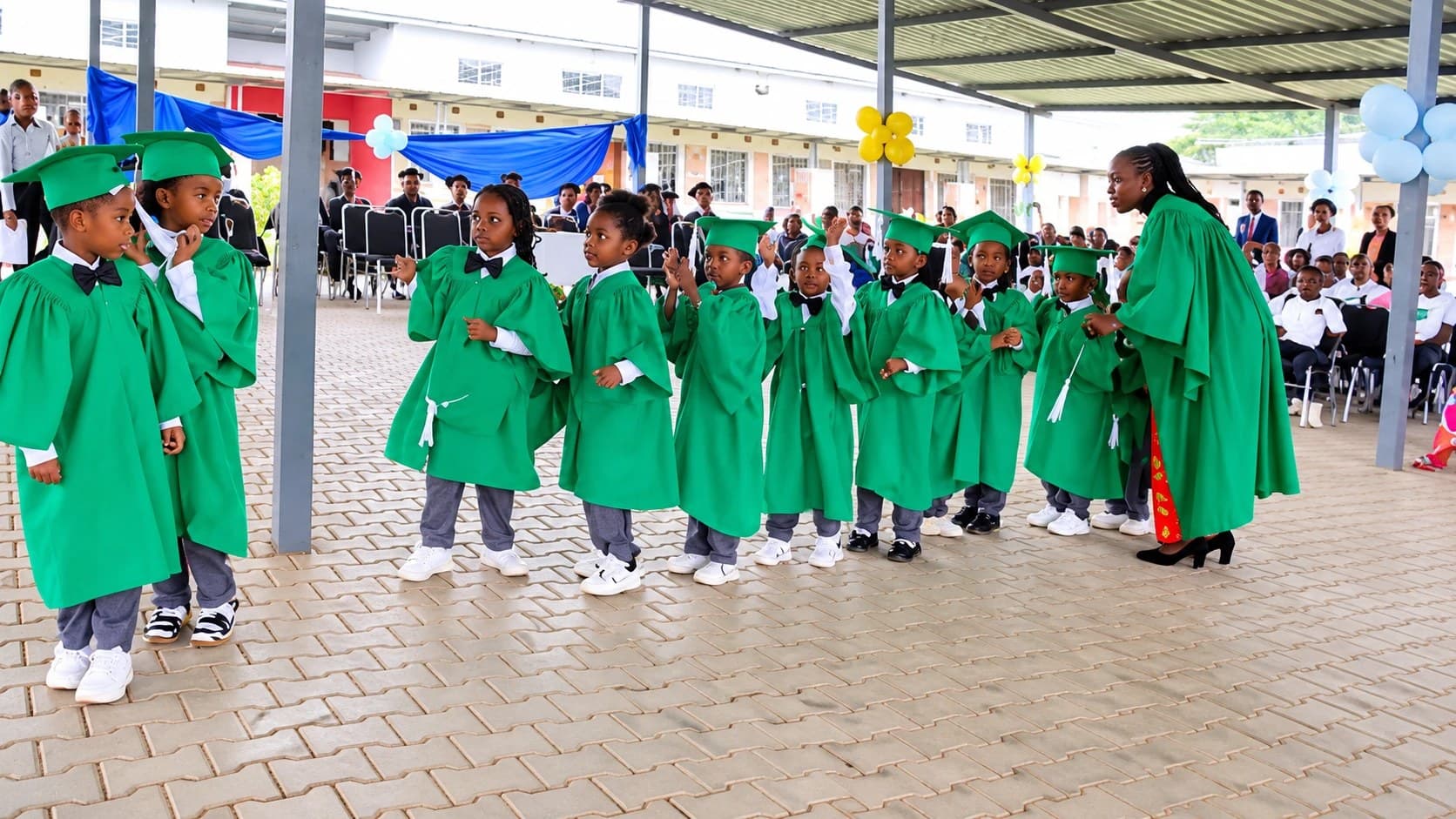 Young graduates in green caps and gowns lined up with their teacher at the graduation ceremony