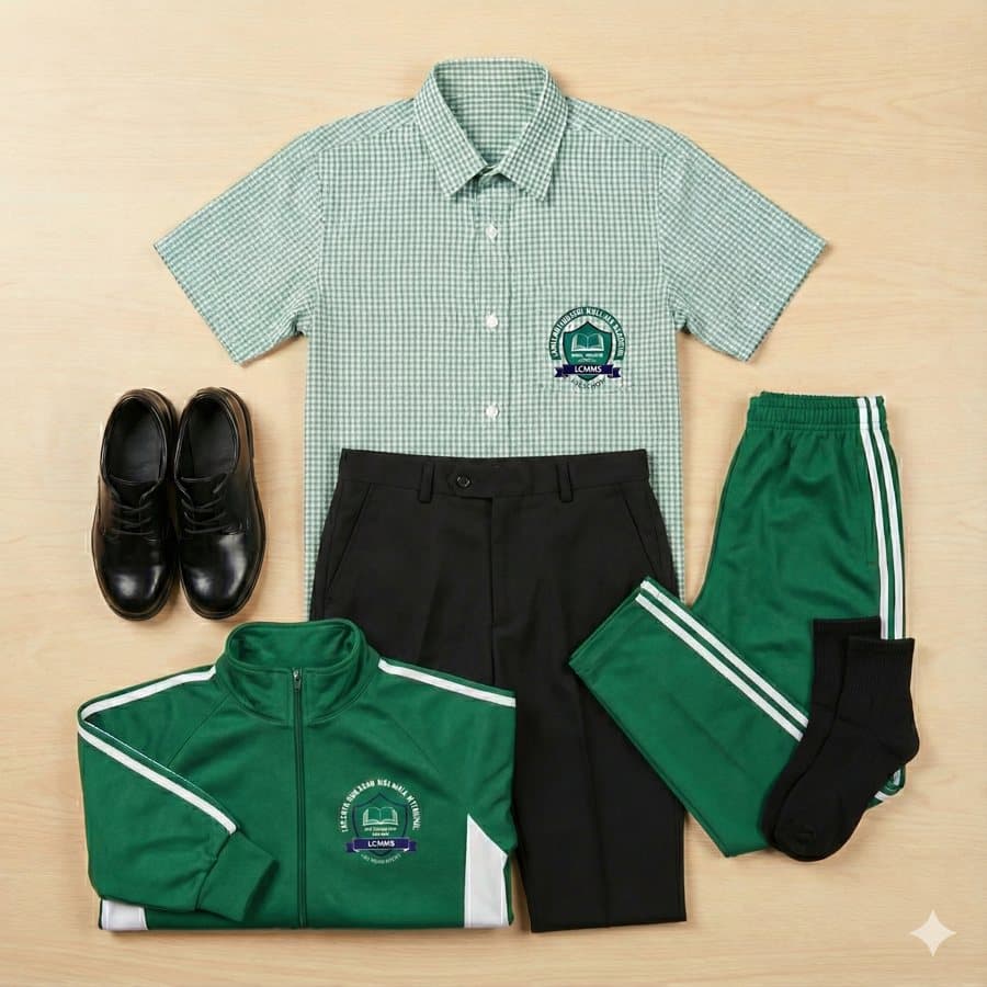 Boys complete set: checked shirt, black trousers, green tracksuit, socks and black shoes