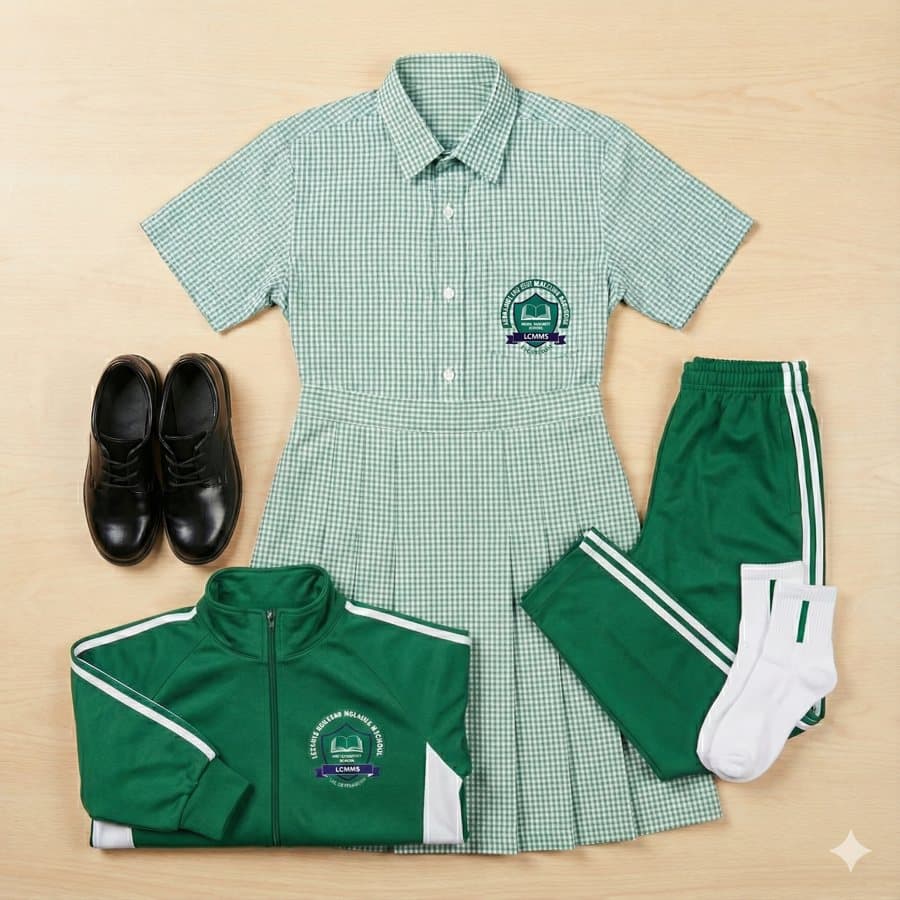 Girls complete set: checked dress, green tracksuit, socks and black shoes