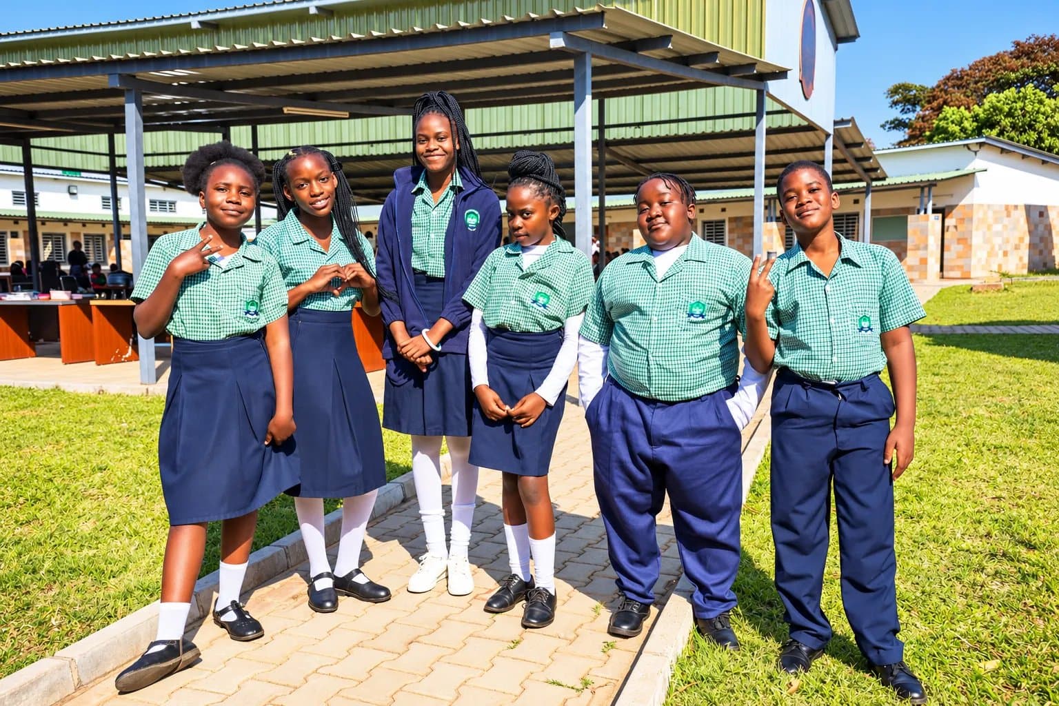 Six LCMMS pupils in green checked shirts and navy skirts and trousers standing together on the school grounds