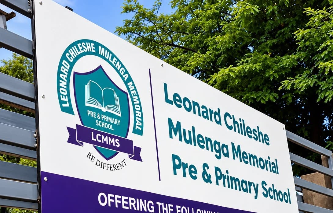 The school sign at the entrance, showing the LCMMS crest and the school name
